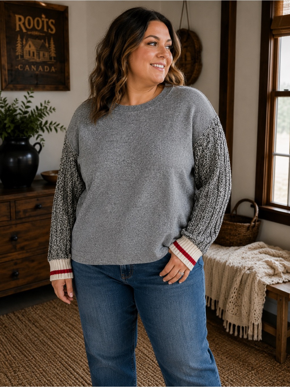 Roots cabin Cozy Grey Mixed-Knit Sweater with Contrast Cuffs